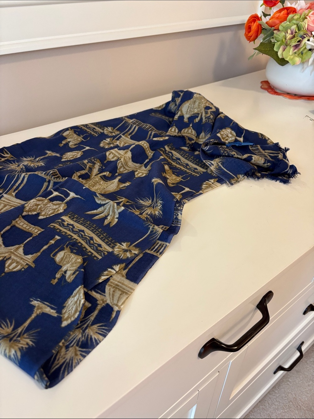 Navy Blue & Gold Printed Scarf in EUC